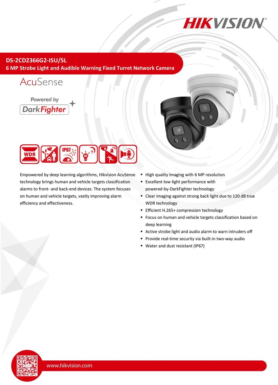 Hikvision DS-2CD2366G2-ISU/SL Gen2 Acusense 6MP Turret Camera with Siren, Strobe & Mic 4.0mm Lens 0